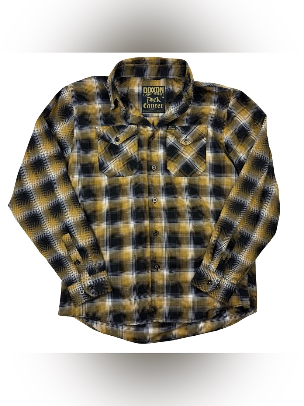 Dixxon Flannel Co. Fxck Cancer Long Sleeve Shirt Black/White/Gold Mens Large L